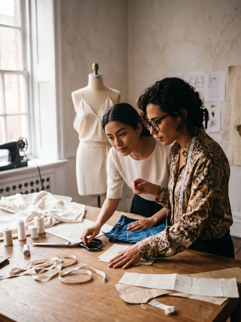 Dos diseñadoras revisan patrones y una prenda de jean sobre una mesa de madera, junto a un maniquí con un vestido color marfil