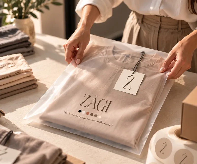 Manos empacan una camiseta doblada en una bolsa translúcida con el logotipo ZAGI y la etiqueta del monograma